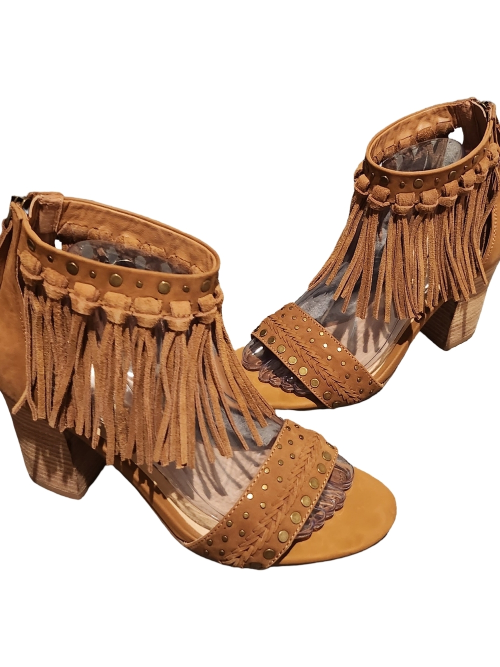 Sbicca Tan Fringe Studded Block Heel Sandals